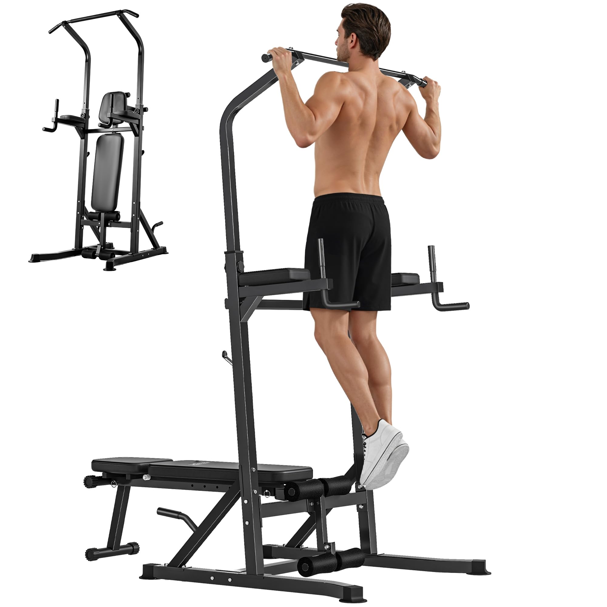 HOMCOM Power Tower Pieghevole, Panca Piana Regolabile, Rack Palestra
