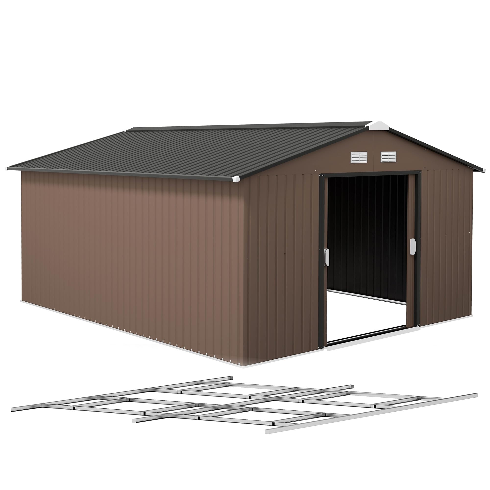 Outsunny 9' x 6' Garden Storage Shed with Foundation Kit, Metal Tool Storage House with Double Doors for Outdoor Patio Yard, Dark Grey — view 10