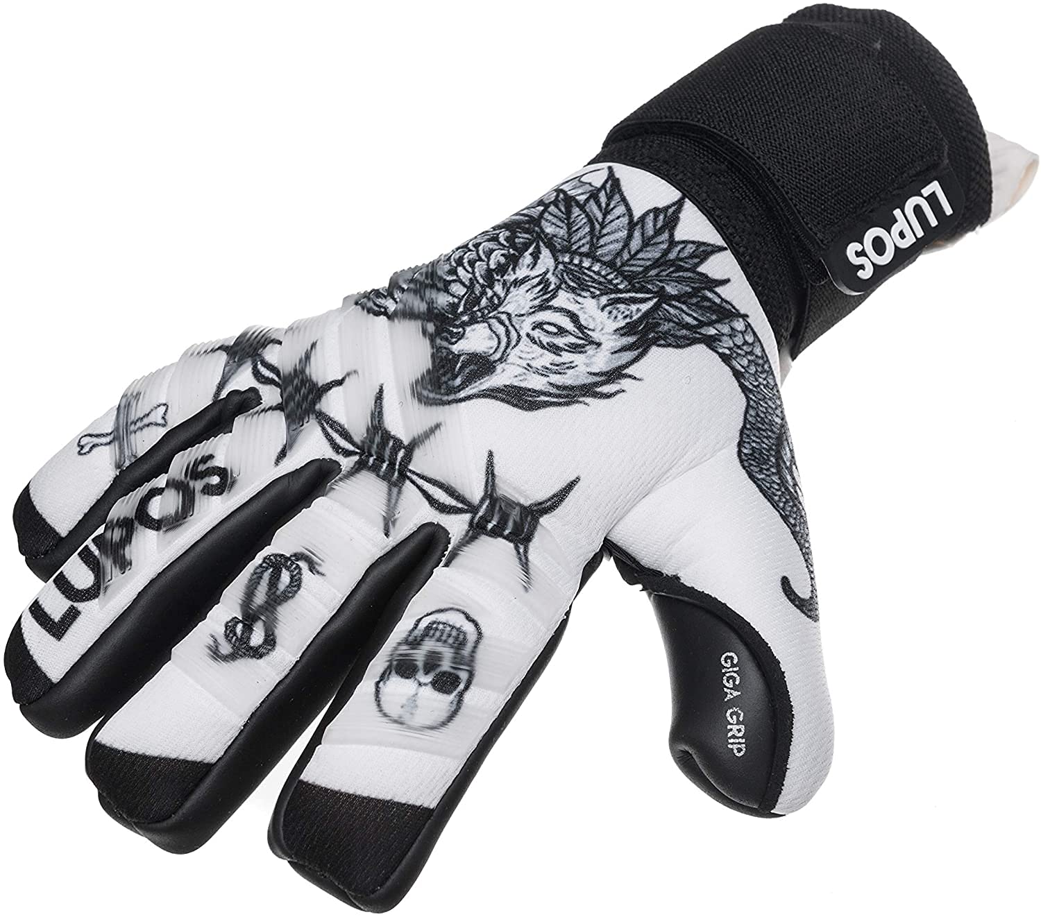 LUPOS Guanti da portiere per adulti e bambini, taglio negativo, 4 + 3 mm, Giga Grip Palm, dorso in rete con stampa digitale e modanature trasparenti in silicone.
