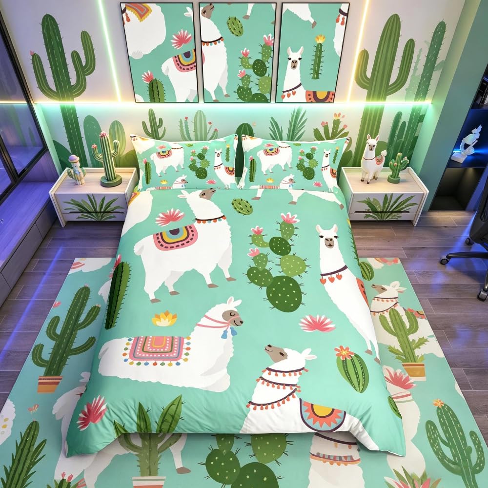 Homemissing Cute Llama Bedding Set for Girls Boys Child Cartoon Llama Alpaca Bedding & Linen Exotic Cactus Duvet Cover Boho Succulent Bedding & Linen Single Size 2Pcs