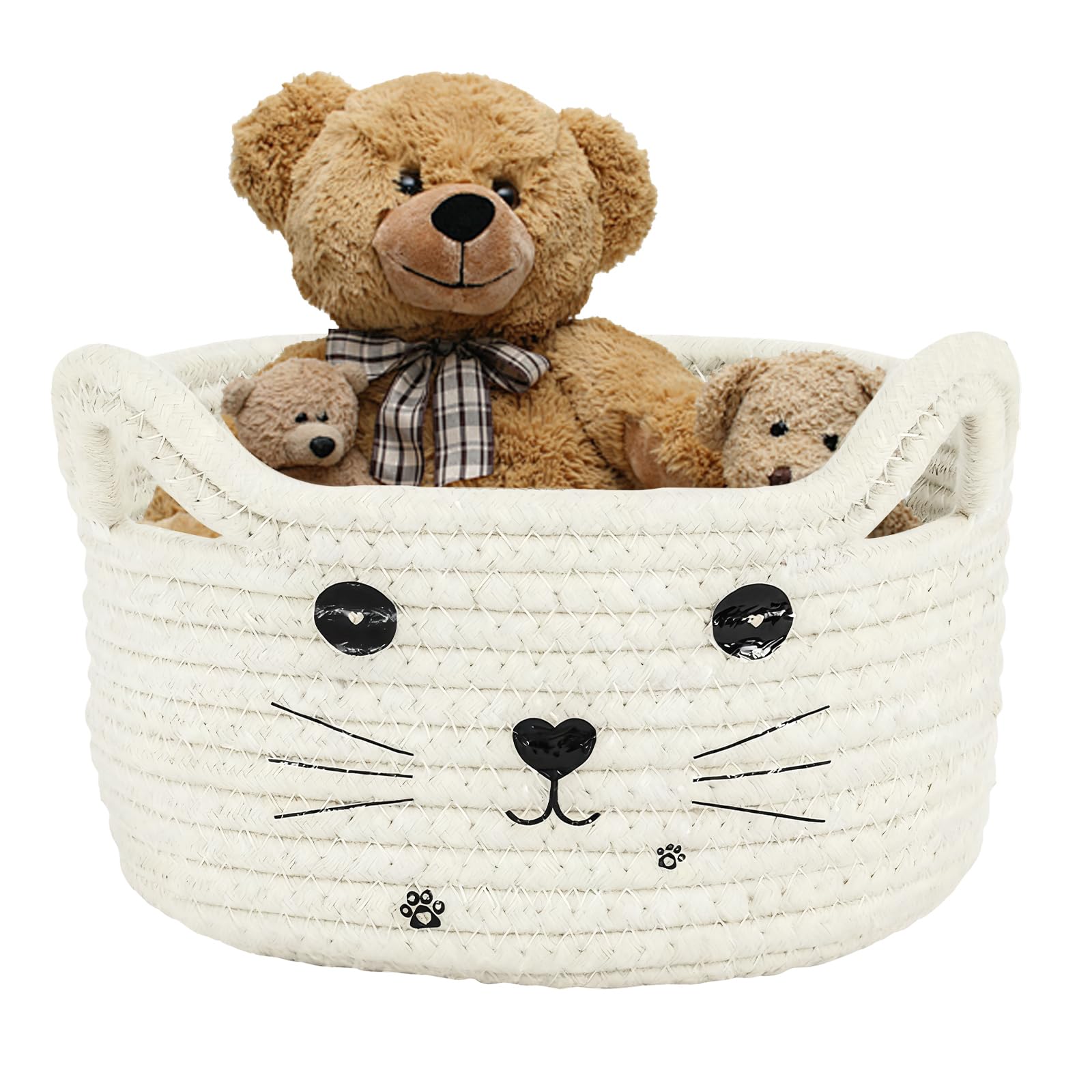 Blanco Cestas Bebe, Cuerda de Algodón Cesta Juguetes Infantil, Lindo Gato con Forma Cesta de Almacenamiento Tejida, Se Utiliza Para Guardar Toallas, Ropa y Juguetes