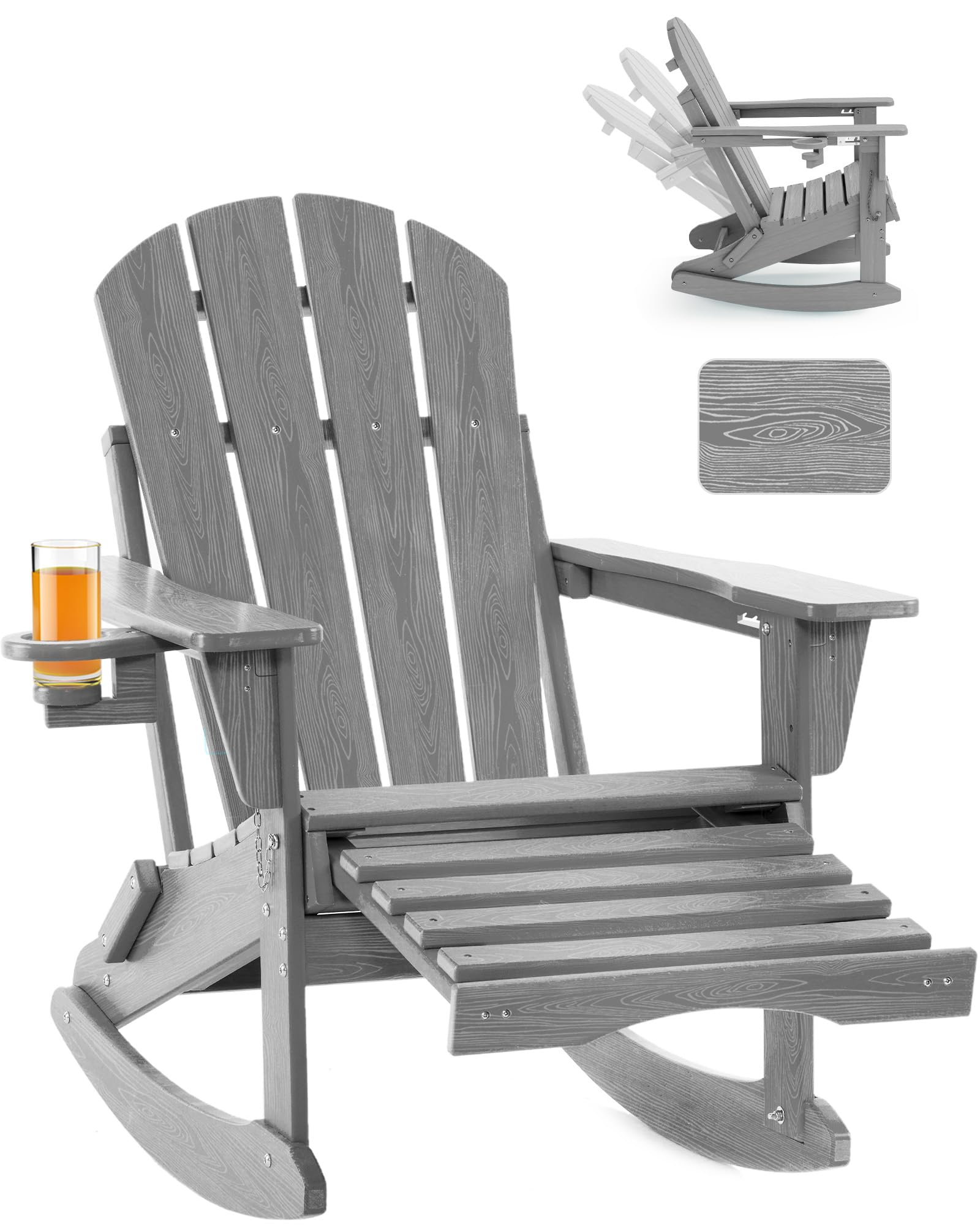 Serique Adjustable Adirondack Rocking Chair with Retractable Ottoman, 4-in-1 Multifunctional Folding Patio Chair with Cup Holder, Outdoor Chair Wood