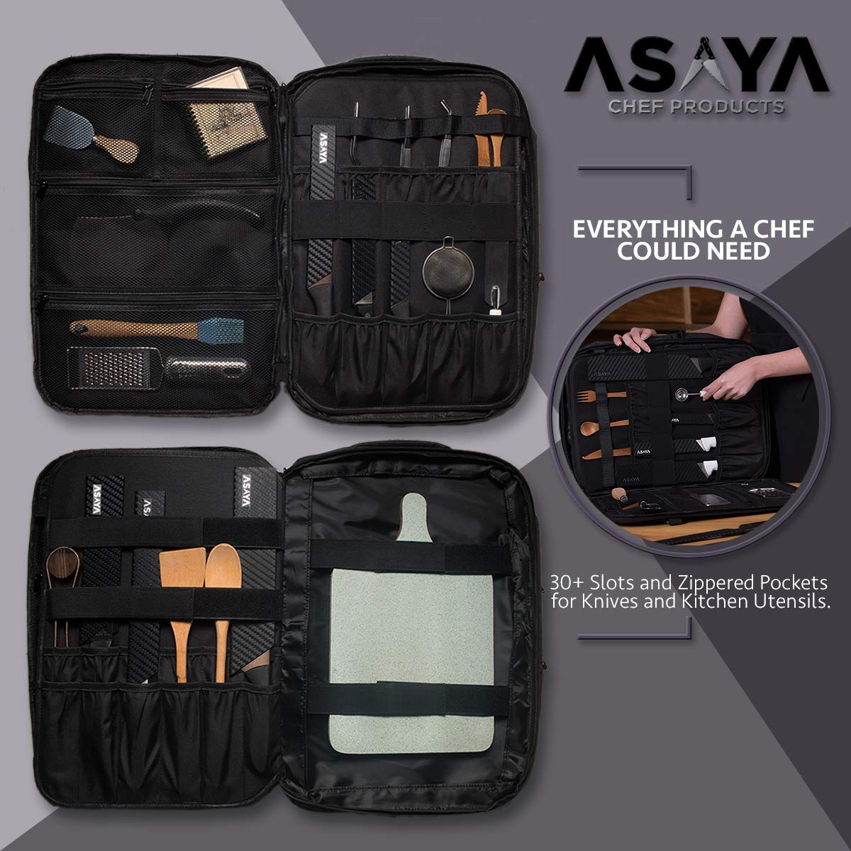 Asaya Chef Knife Backpack with 20 Pocket Knife Roll Bag Over 30