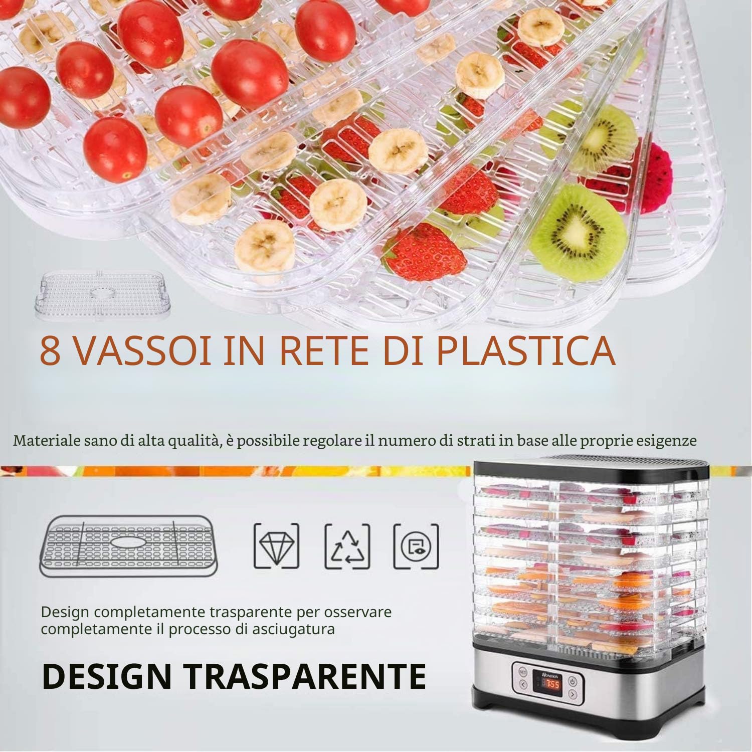 Nictemaw Essiccatore automatico da 400 W, Essiccatore per alimenti con 8 Pallet, Essiccatore per carne, frutta e verdura, temperatura regolabile 35-70 ℃, Argento Nero