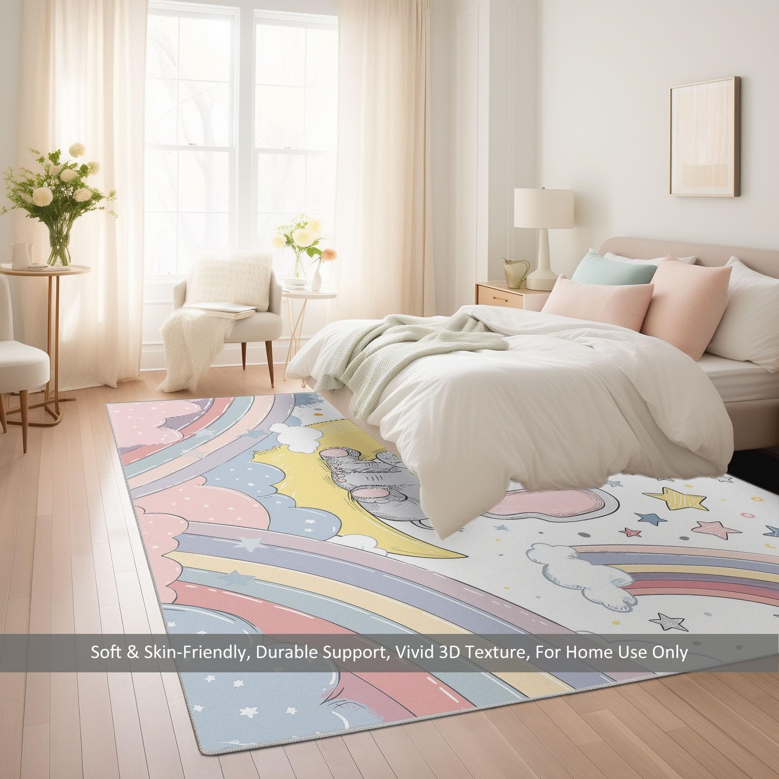 Tapis Salon Cartoon Lune Étoiles Éléphant Moquette Lavable en Machine avec Dessous Antidérapant, Tapis poils courts et moelleux Décoratif pour Chambre Cuisine Entrée et Maison Blanc, 160x230CM