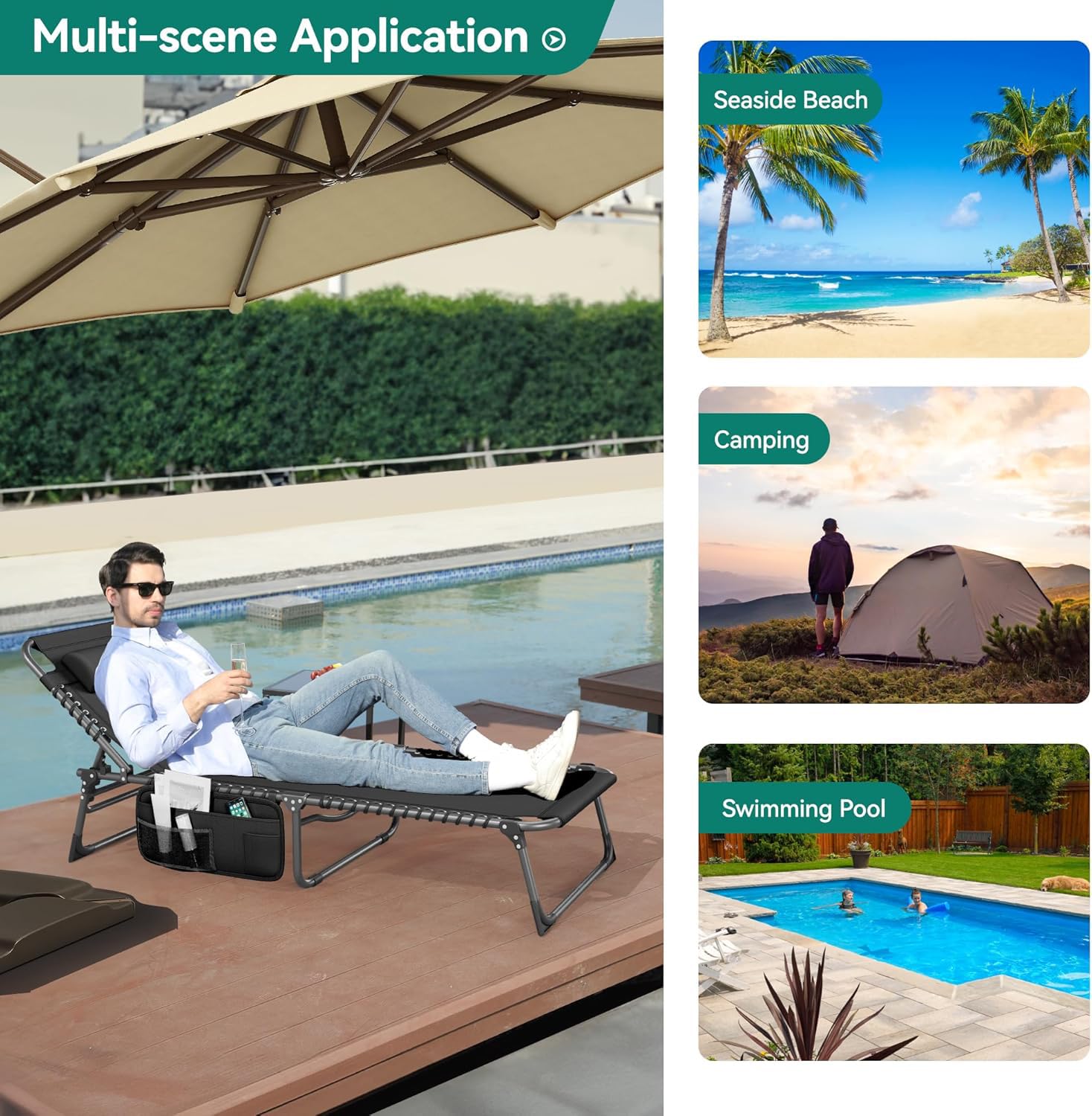 YITAHOME Lettino da Sole Pieghevole Set di 2 Lettino da Spiaggia Regolabile in 4 Posizioni, Lettino Prendisole con Poggiatesta e Tasca Capacità di Carico 300lbs per Giardino, Spiaggia, Campeggio, Nero