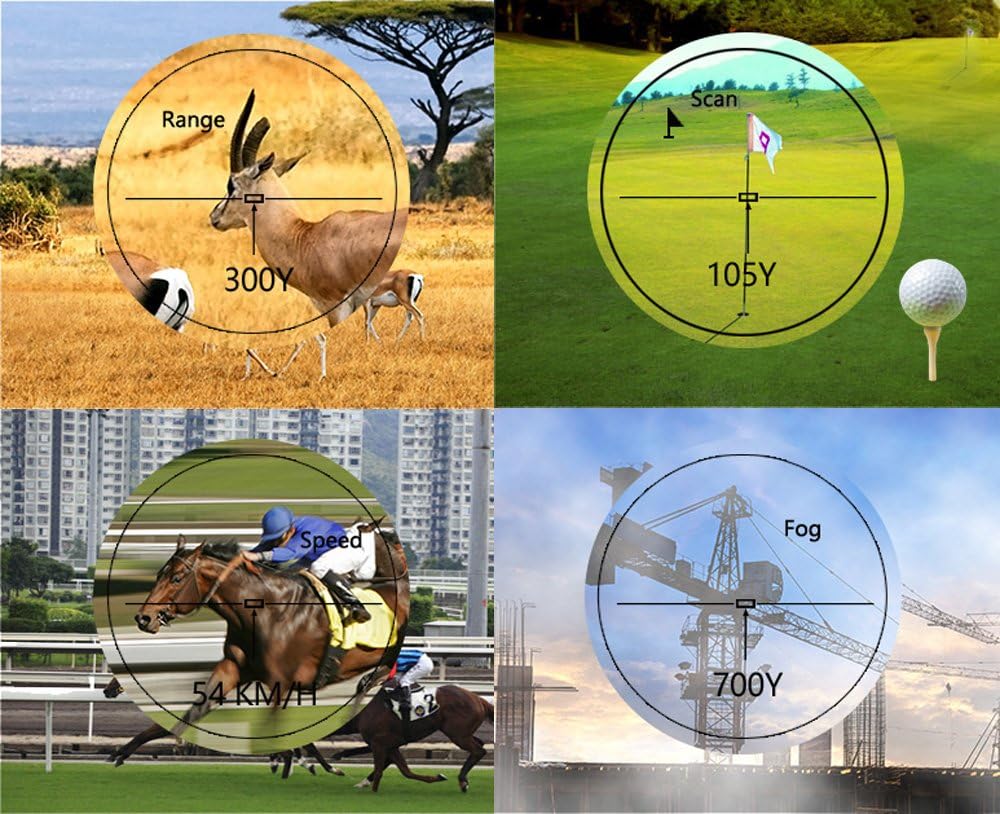 Four display views of the AOFAR HX-700N rangefinder in action: Range mode showing 300 yards to an antelope, Scan mode showing 105 yards to a golf flag, Speed mode showing 54 km/h for a horse, and Fog mode showing 700 yards to a crane.