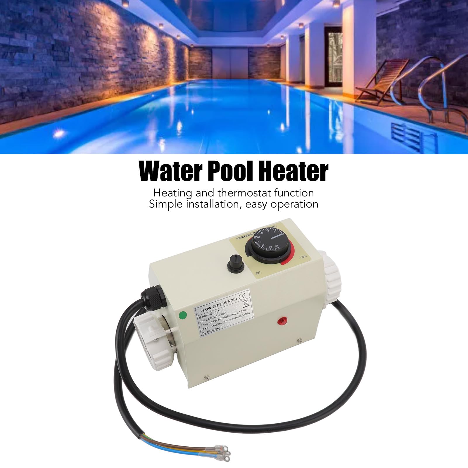 Scaldabagno Elettrico 3KW per Vasca e Piscina, Termostato Touch Screen, Funzione Temperatura Costante, Acciaio Inossidabile, per Vasche Idromassaggio e SPA