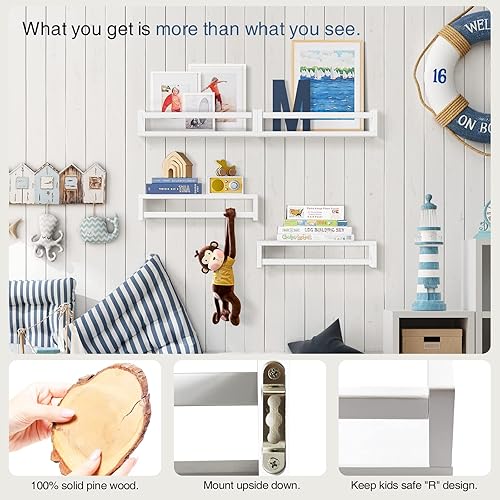 Miniatura 58 de Forbena Estantería de pared de 24 pulgadas para dormitorio de niños, juego de 4, estantes flotantes blancos para libros de bebé, niños y niñas, 1.
