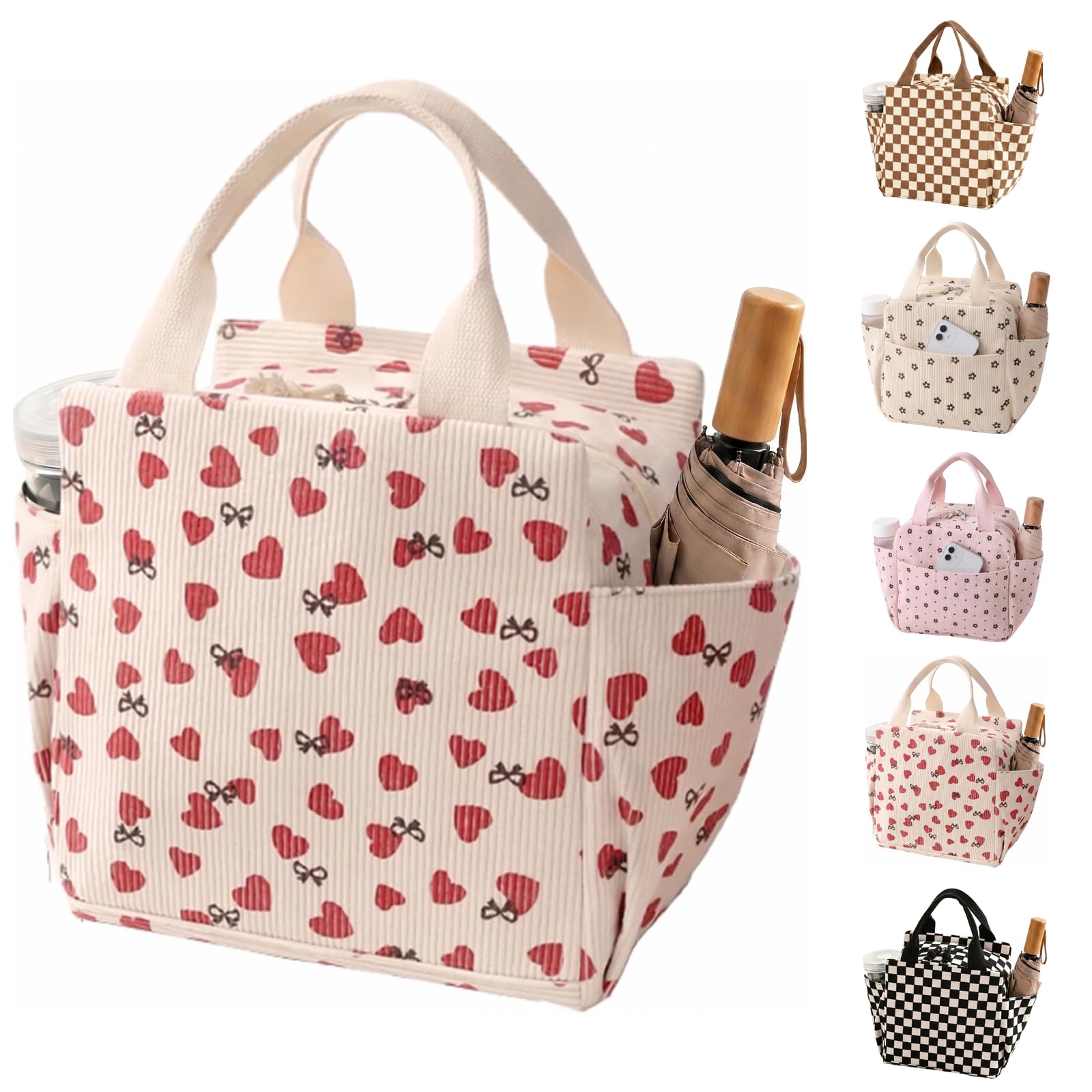 Arae Corduroy Insulated Lunch Bag Large Reusable Tote with Side Pockets Cooler Box for Work Picnic Travel Water Bottle Holder Collapsible Portable - Beige Heart — image 1