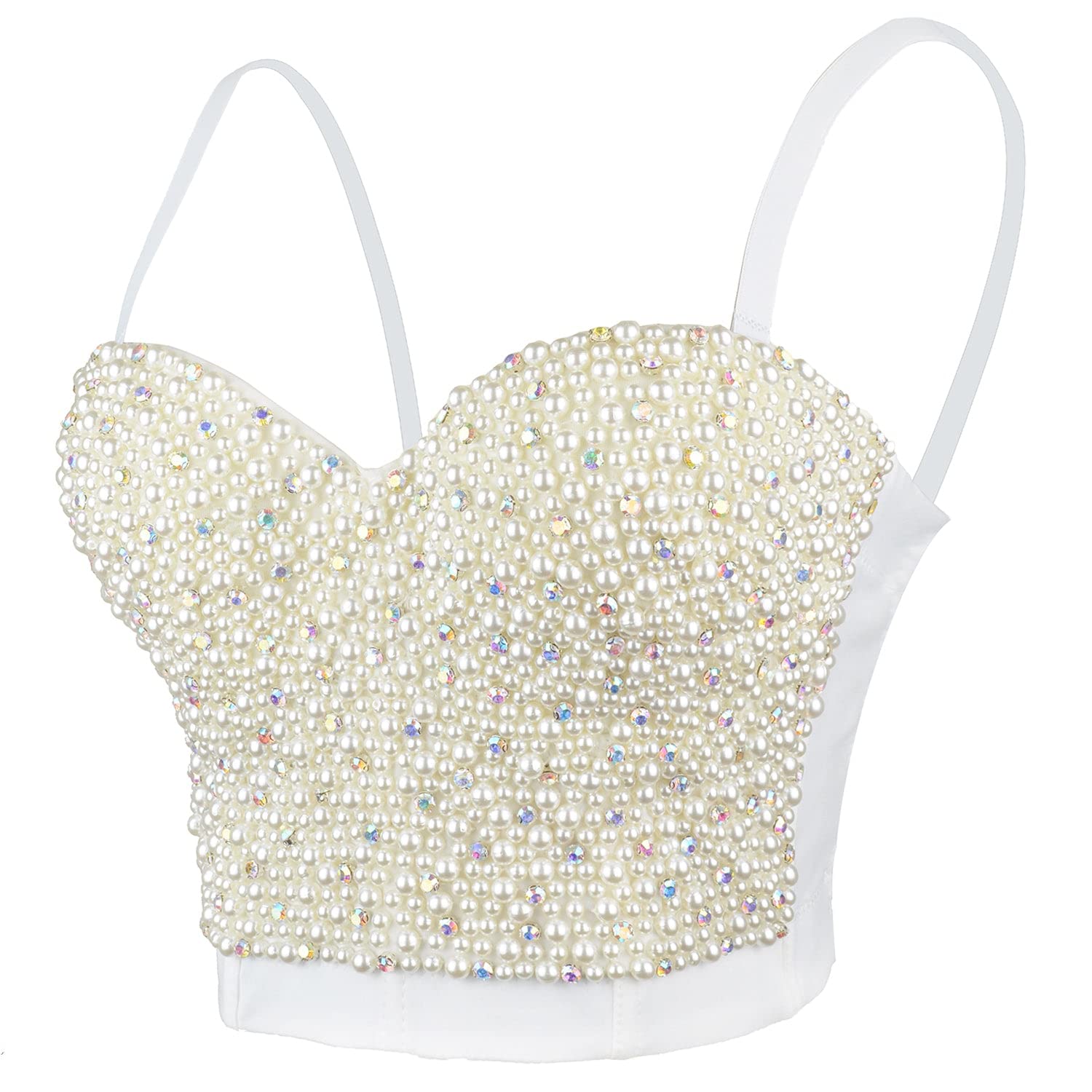 ELLACCI Sexy Pearls Beaded Rhinestone Bustier Crop Top Push up Corset Top with Detachable Straps