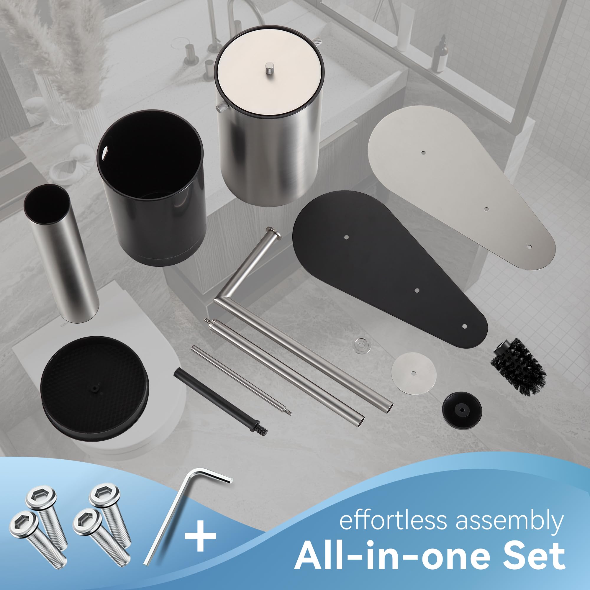 DAZI Portarrollos Papel higiénico con escobilla WC y Papelera, Set 3-en-1 de Acero Inoxidable con 2 Cepillo PP, Portarrollos para baño Ideal para Hogar, Apartamento y Aseo (Nickel Cepillado)