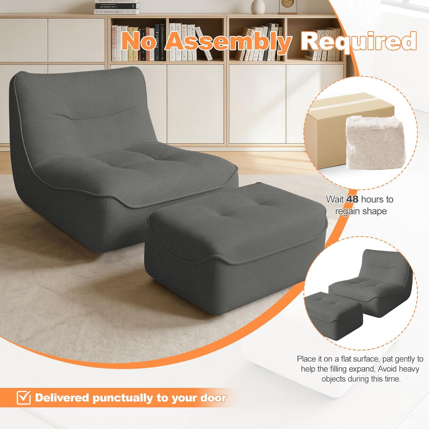 Large Bean Bag Chair with Ottaman for Adults, Chaise Lounge for Reading, Gaming, Lazy BeanBag Floor Sofa with Memory Foam Filled for Study Bedroom Living Room, Deep Grey