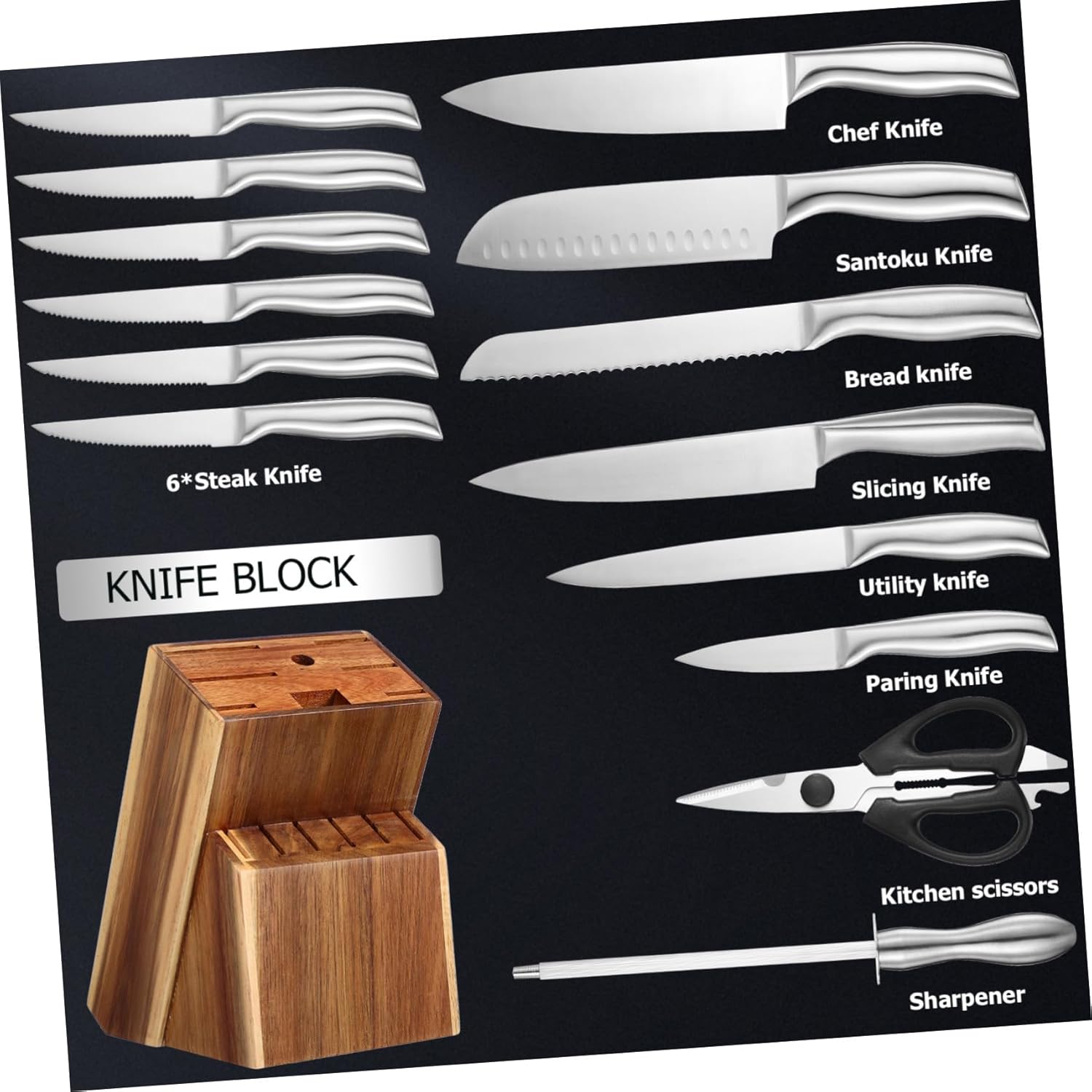 OUNONA 1Set Kitchen Knife Set with Block Steel Ergonomic Grip Versatile Use for Home Restaurant Storage