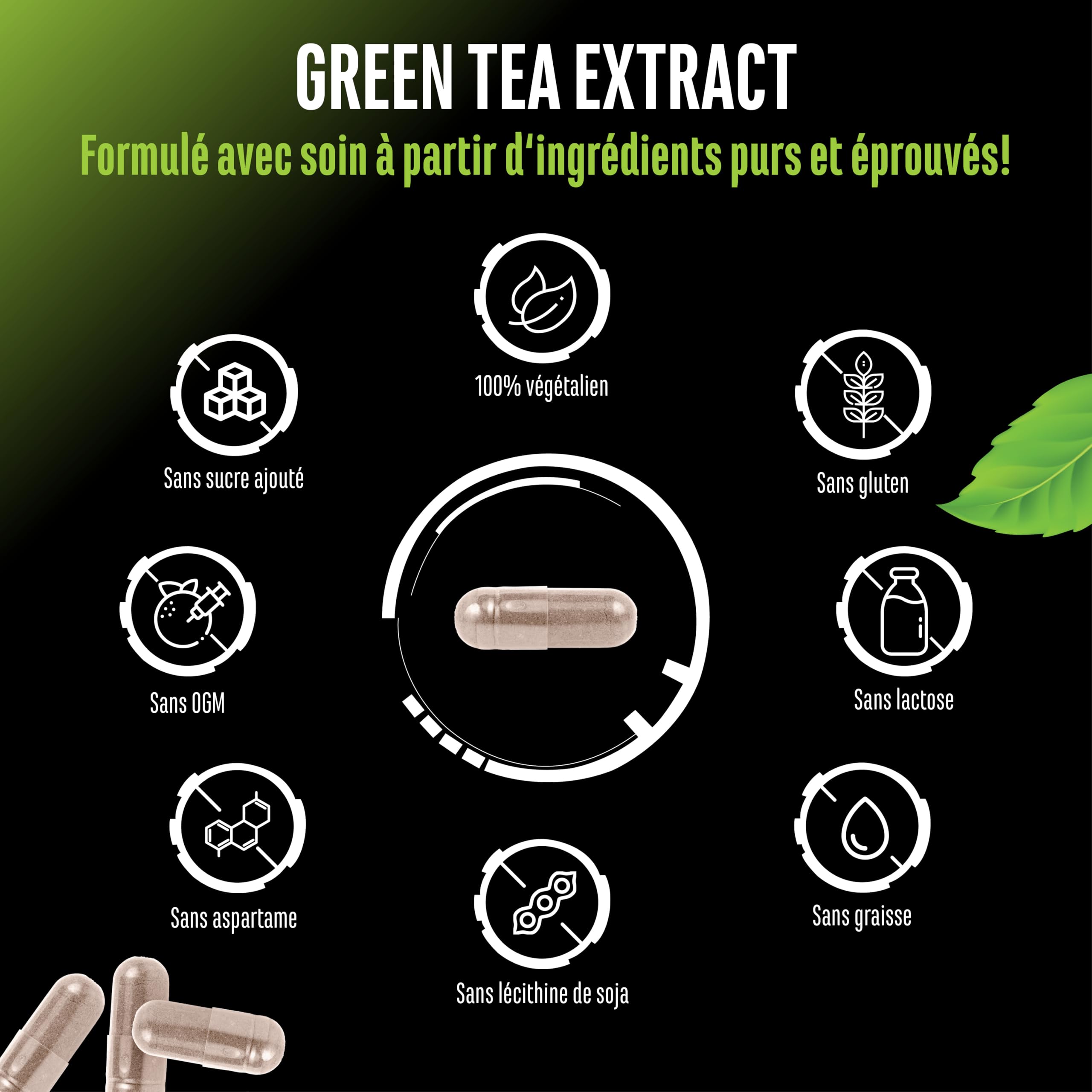 Green Tea Extract - 180 gélules - Extrait de thé vert très forte dose avec 750mg d'extrait de thé vert par gélule - 95% polyphénols & 45% EGCG - Thé vert sans additifs indésirables - Vegan