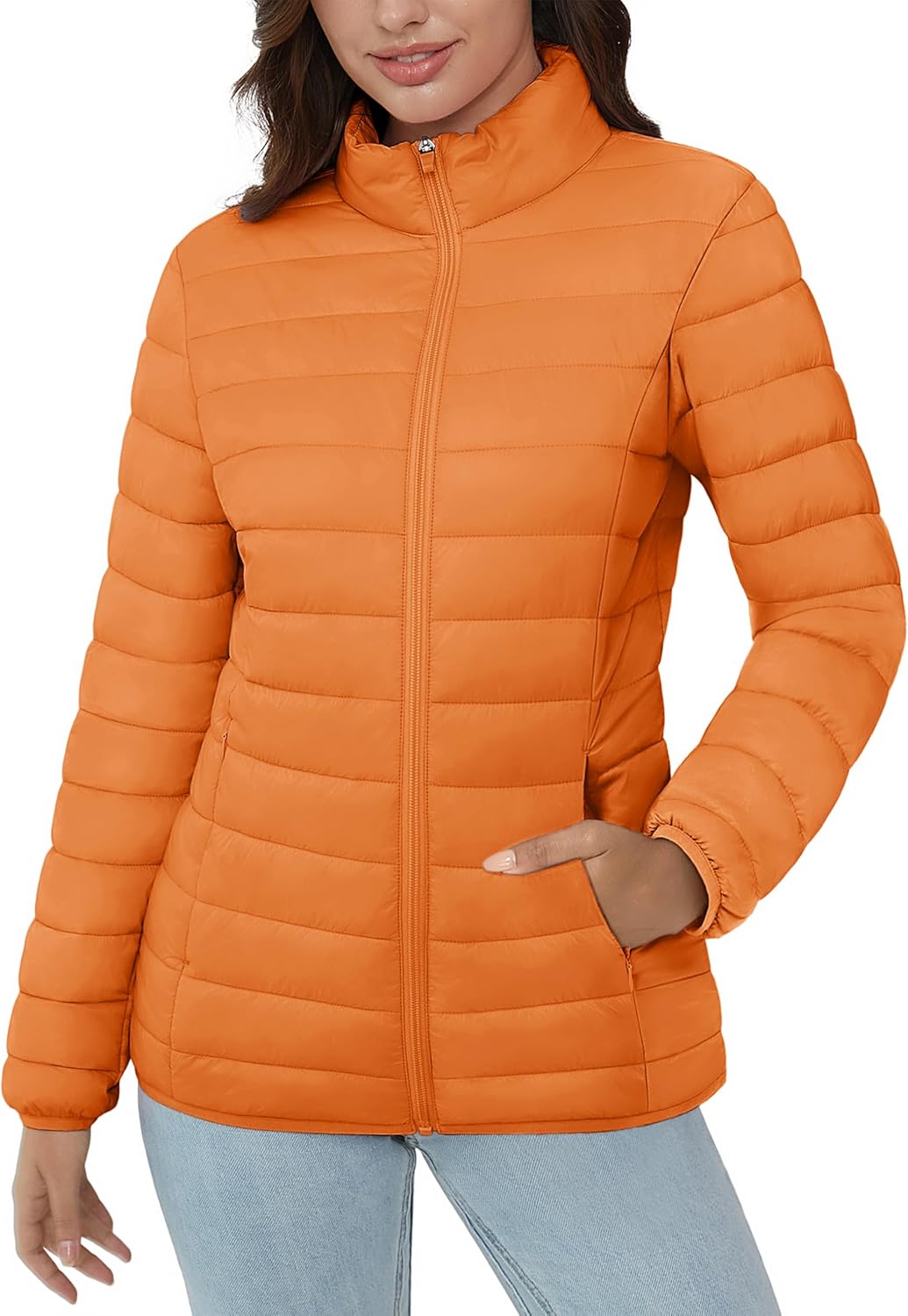MAGCOMSEN Women's Puffer Jacket Lightweight Quilted Padded 4 Pockets Zip-up Stand-collar Winter Fleece Coat