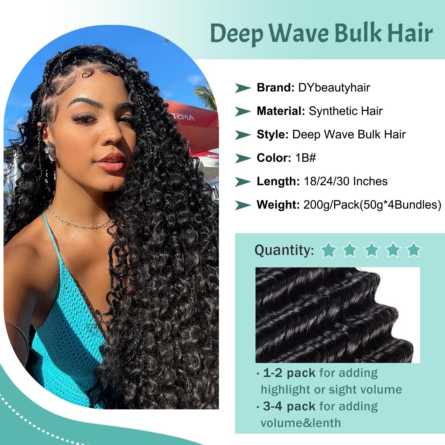 200G 30 Inch Boho Hair for Braiding Long Deep Wave Bulk Braiding Hair for Boho Braids No Weft Curly Bundles Wet and Wavy Braiding Hair Extensions (1B# - Image 2