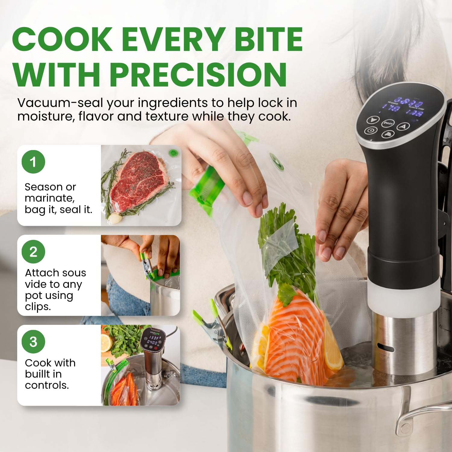 SOUSVIDE ART Lot de 37 sacs réutilisables sous vide avec scellant sous vide – 30 sacs de cuisson et de rangement de 3 tailles avec pompe et accessoires de cuisson sous vide – Kit de qualité