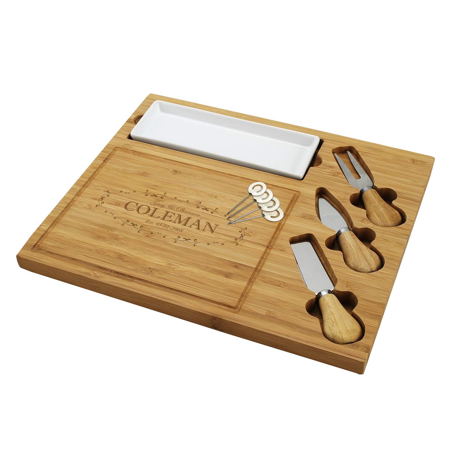 Custom Personalized Engraved Bamboo Cutting Board for Cheese & Charcuterie with Ceramic Dish, Knife Set & Cheese Markers -by Picnic at Ascot USA