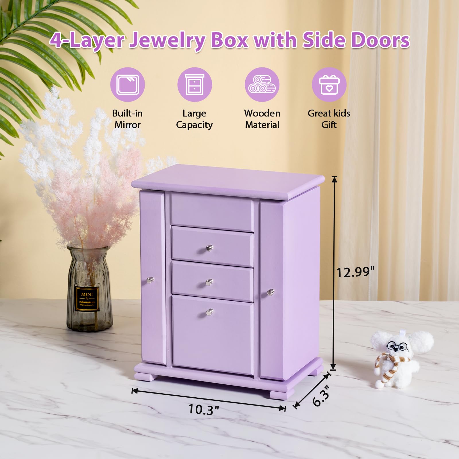 Boite a Bijoux Fille, 4 Niveaux Boîte à Bijoux Musicale Fille avec Danseuse en Rotation, Grande Boite a Musique Enfant en Bois pour enfants ans L'anniversaire de Cadeau(Violet)