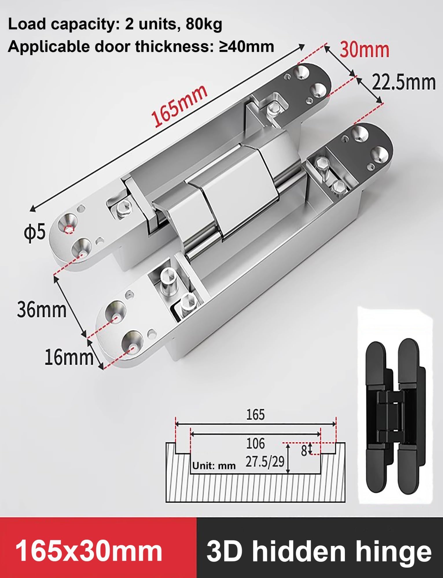 Bisagras ocultas for puertas secretas, resistentes, invisibles, silenciosas, ajustables en 3D.(Black,165x30mm)