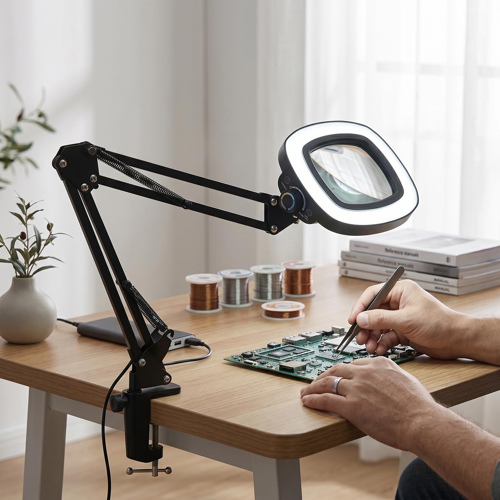 ASHATA Lupa Cuadrada 15X con Luz Alimentada por USB Brillo Ajustable para Reparaciones Pasatiempos Manualidades 5 Ajustes de Temperatura