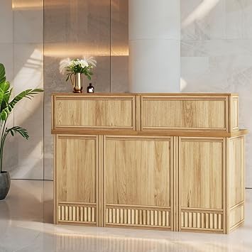 Tribesigns 57" Reception Desk with Counter, Modern Front Desk with Metal Frame, Wooden Retail Checkout Counter for Office, Reception Room, Beauty Salon, Lobby Light Wood Color