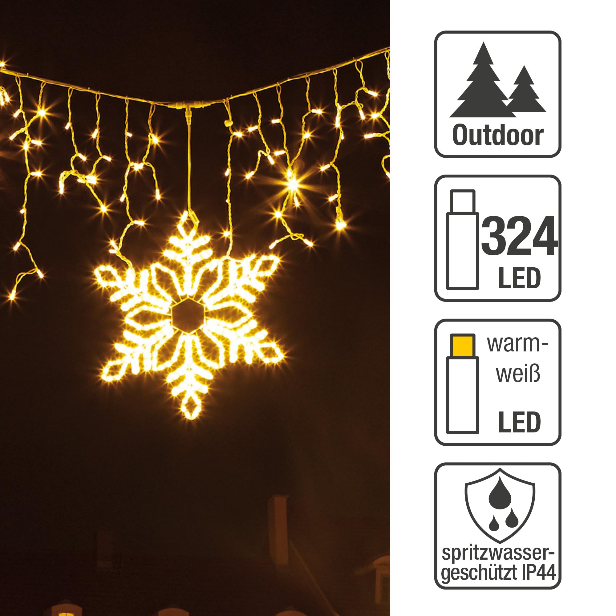 hellum LED-System Profi Lichterkette Außen verlängerbar Lichtschlauch Schneeflocke, warmweiß 324 LED wetterfest, ohne Netzkabel, ø 62 cm, Kabel weiß, outdoor 899771