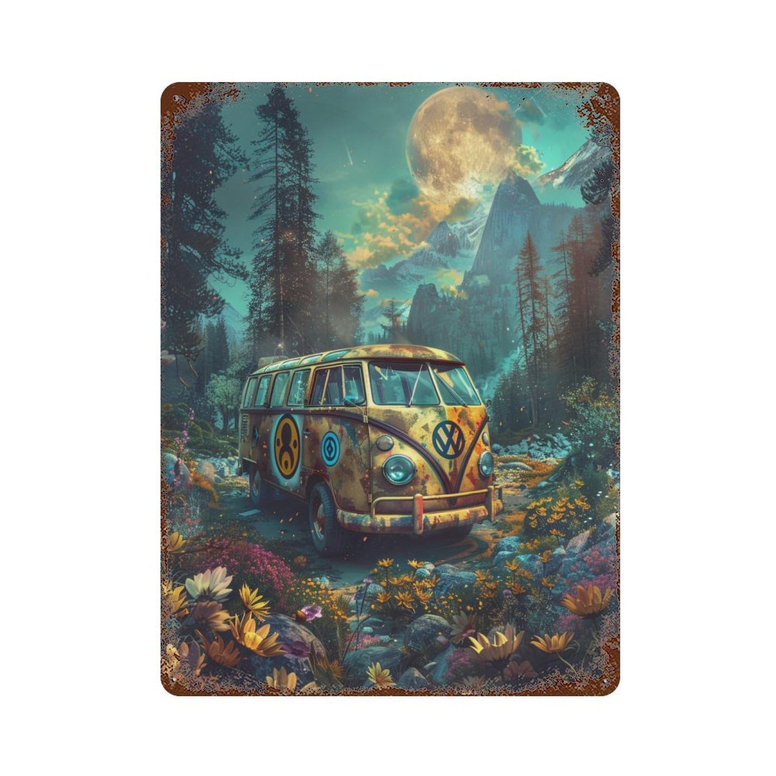 Vivid Van in Fantasy Forest Rust Effect Tin Sign 15.7"x11.8", Industrial Home Decor for Cafe, Home Bar And Lounge Decor