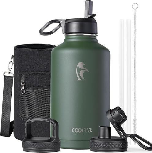 Coolflask - Botella de agua de 64 onzas aislada, con popote y 3 tapas, acero inoxidable, boca ancha, libre de bisfenol A (BPA), mantiene las bebidas