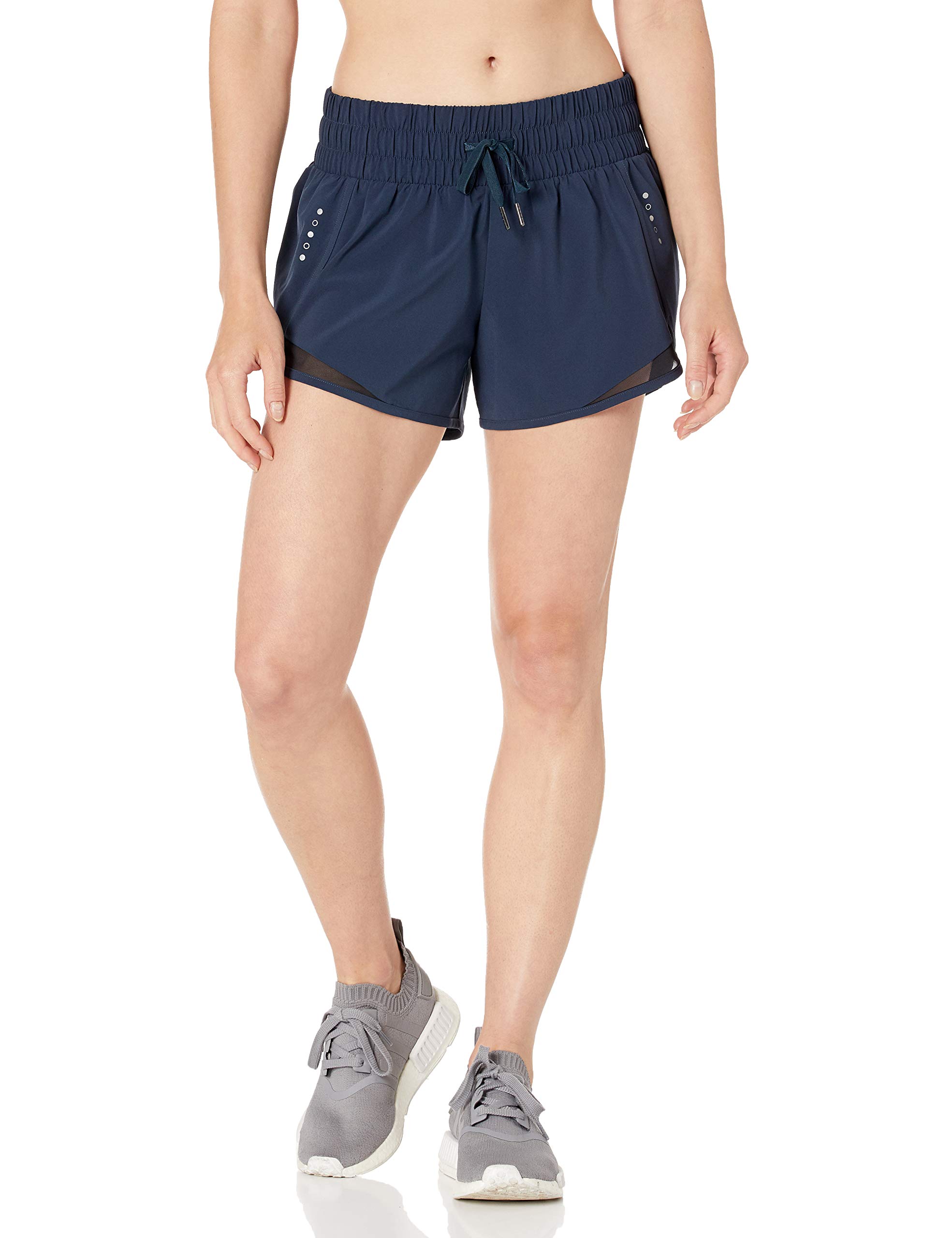 Amazon Essentials Women's Regular-Fit Athletic Ruched Waistband Woven Running Shorts with Zip Pocket, Navy, Large