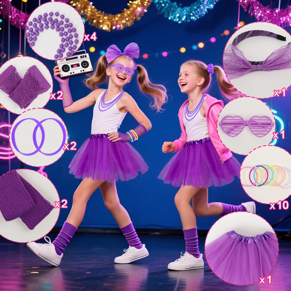 BSBUY 80s Fancy Dress Costume for Kids 21 Pcs 1980s Neon Costume Fancy Dress Outfit Dress Up with Tutu Skirt Fishnet Gloves Leg Warmers Glasses Bracelets Necklaces Headband Anklets Wristbands(Purple) - Image 5