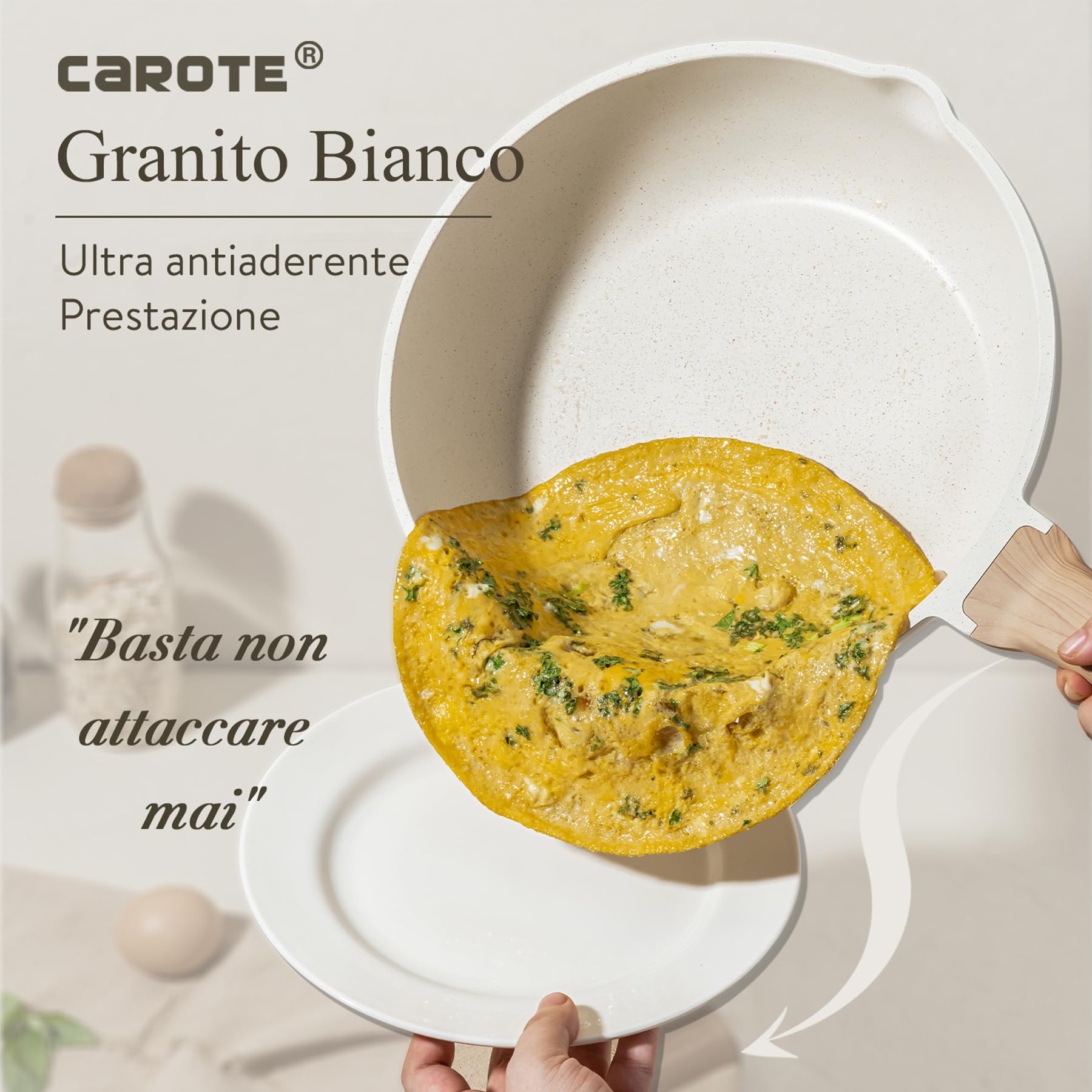 CAROTE Essential Batteria di Pentole 14 Pezzi,Padella 24cm, Casseruola 18/20/24cm con Coperchi, Wok 28cm,Padelle Wok con Rivestimento Antiaderenti Per tutti i piani cottura anche ad induzione