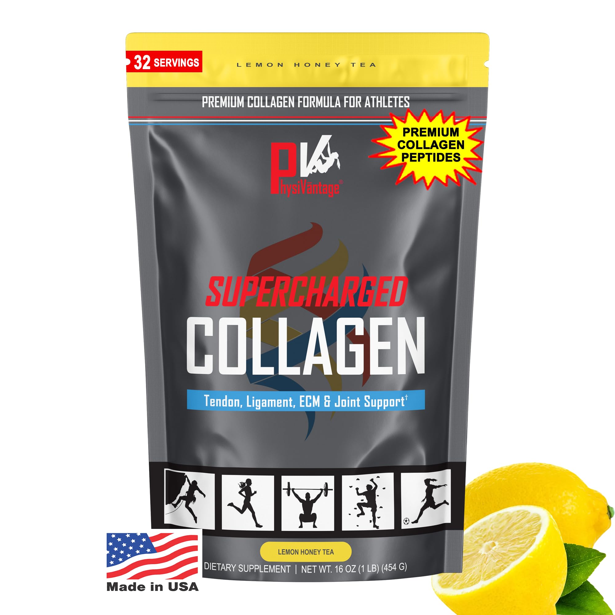 PhysiVantage Supercharged Collagen Peptides Powder - Hydrolyzed Collagen for Joint, Tendon, Ligament, & Skin Health - Lemon Honey Tea, Keto, Paleo, 16oz | Enhanced with Vitamin C, BCAAs, Grass-Fed