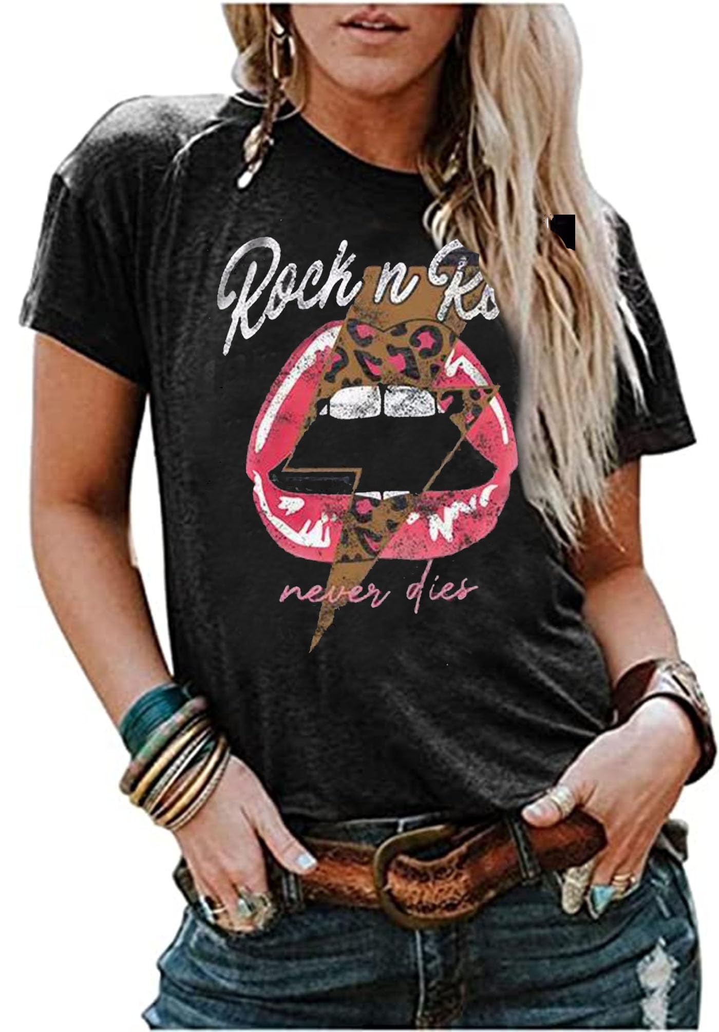 Rock N Roll Shirt Women Vintage Rock Music Graphic Shirt Country Music Tee Funny Letter Printed Casual Short Sleeve Tops