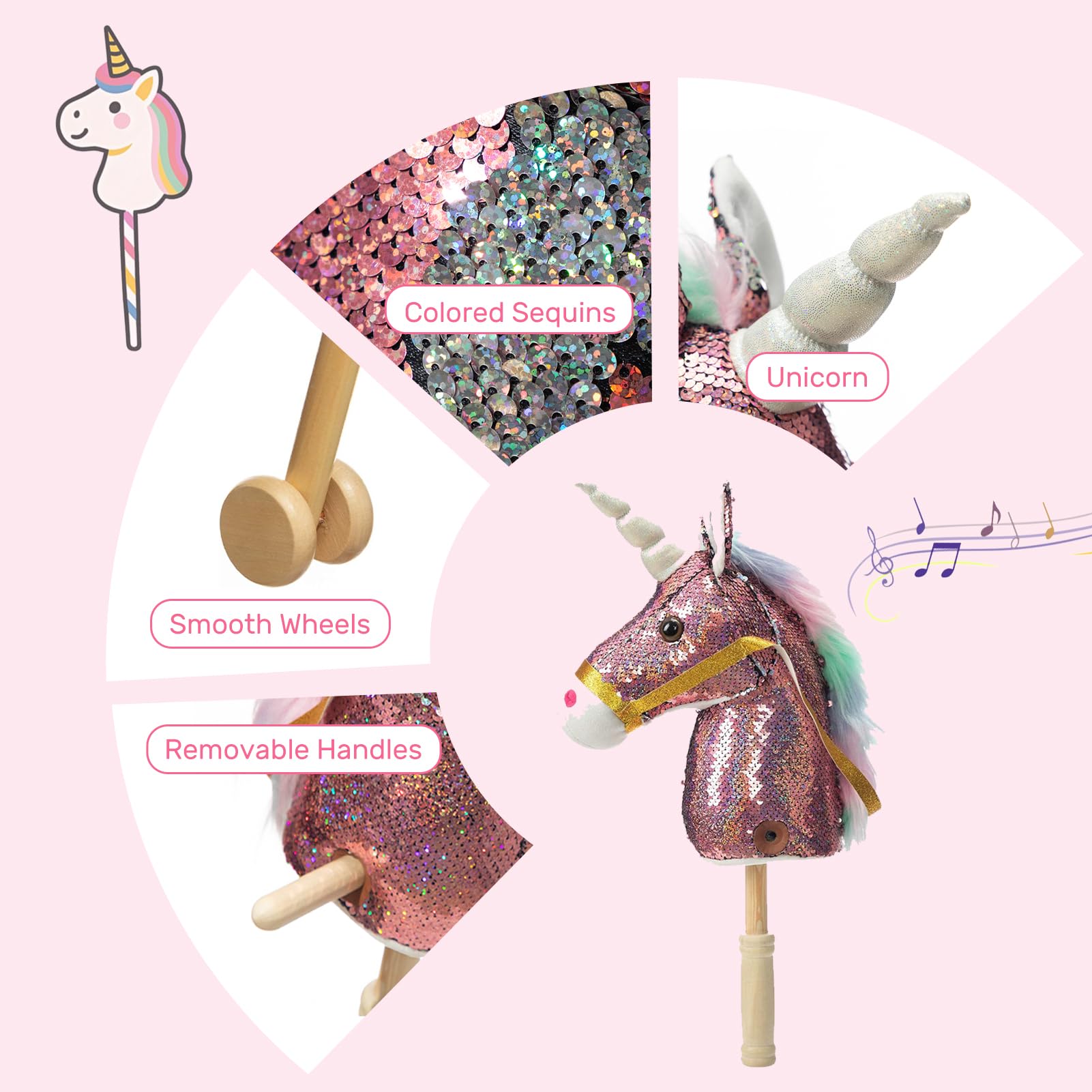 Caballo de unicornio de lentejuelas hecho a mano, caballo de pasatiempo en un palo con ruedas de madera, poni real, sonidos vecinos y galopantes, juguete de unicornio de peluche, color rosa, 5