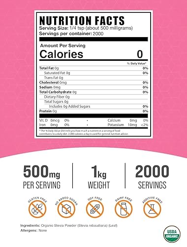 Miniatura 7 de BulkSupplements. com Polvo de stevia orgánico  Edulcorante puro de stevia, suplementos herbales  Vegano y sin gluten, 500 mg por porción, 250 g (8.8