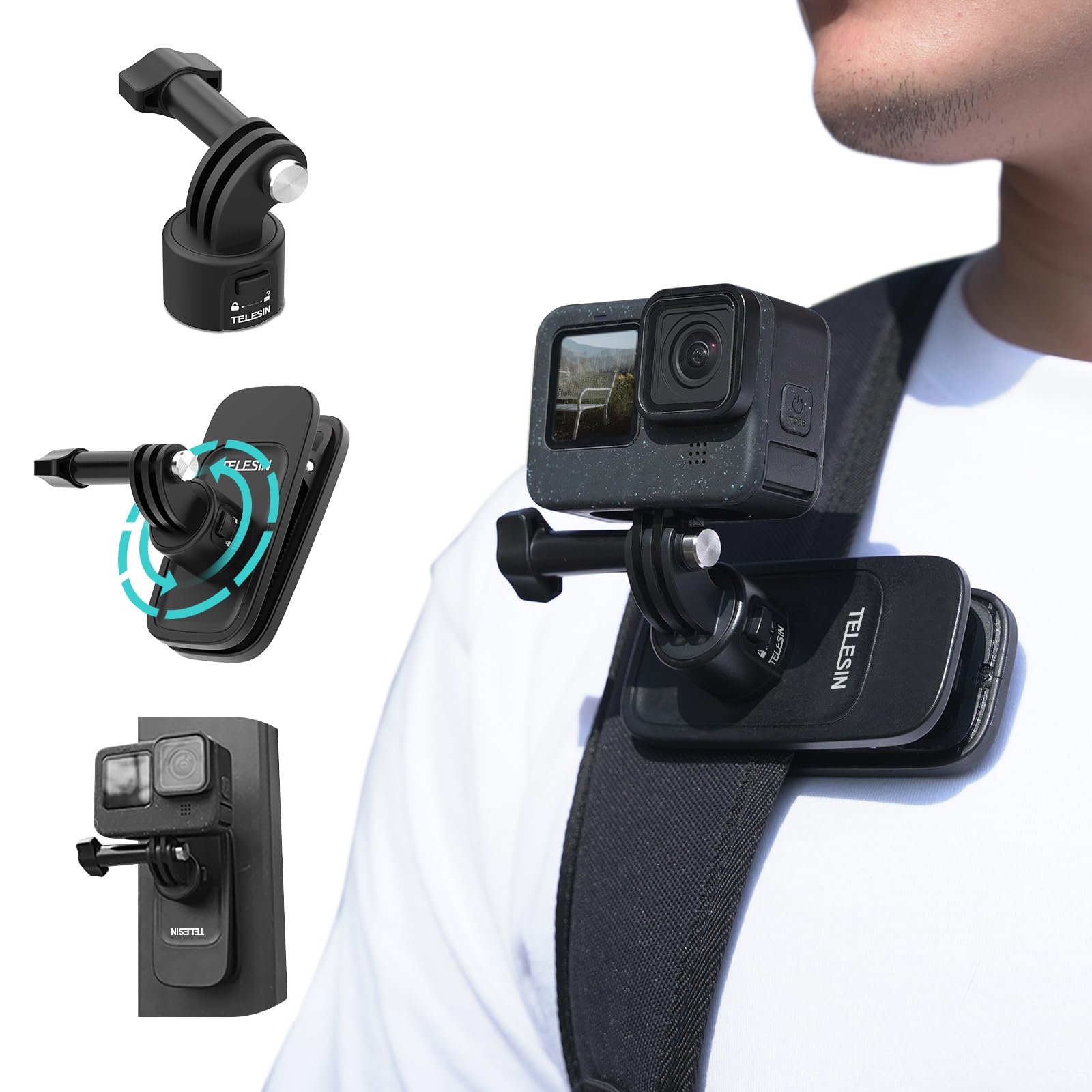 Backpack Clip 360 Swivel + Magnetic Mount + Quick Release +Phone Holder Bundle Kit for GoPro Max Hero 12 11 10 9 8 7 Insta360 X3 X4 Ace Pro Go3 DJI Action 3 4 Osmo Pocket 3 Strap Mounts Accessories