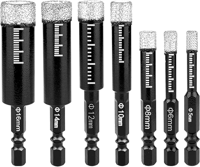 flintronic Diamond Drill Bits Set, 7Pcs(5/6/8/10/12/14/16mm) Hole Saw Set, Hex Shank, Quick Change for Porcelain Tile Ceramic Marble