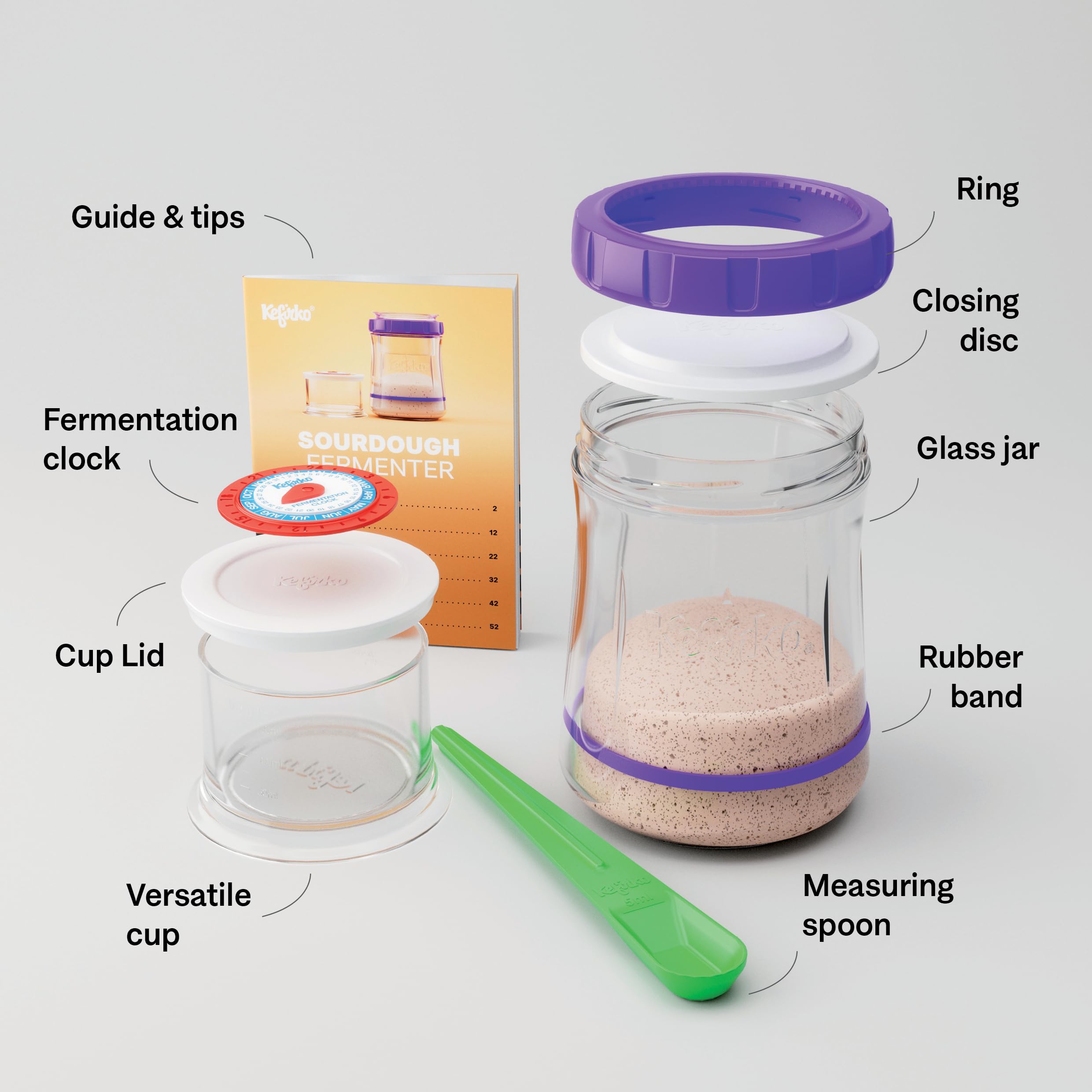 Kefirko Fermentador de masa madre 900 ml verde tarro de vidrio cuchara medidora reloj de fermentación