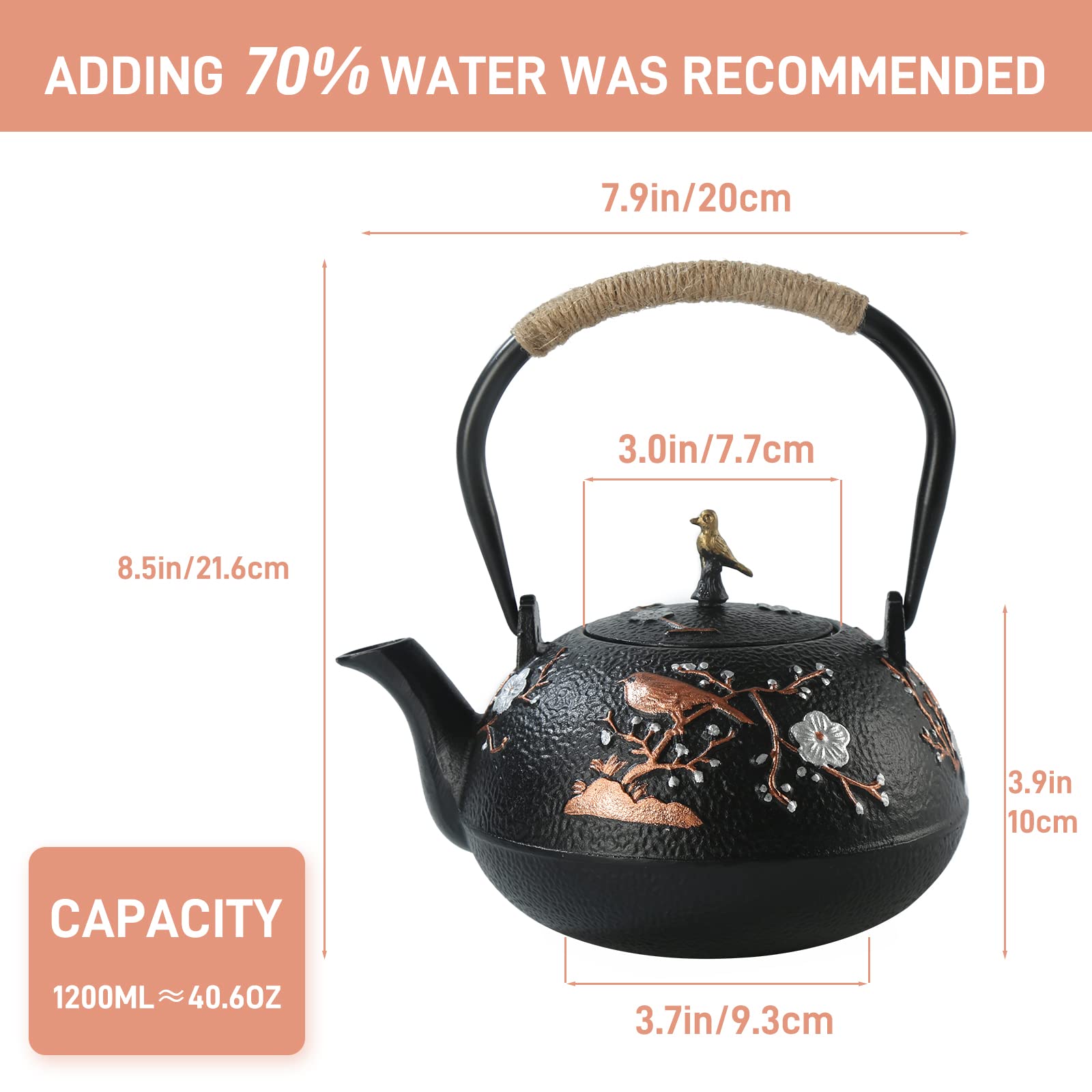 Tetera de hierro fundido SECHUDO para estufa, cubierta segura con interior esmaltado, hermosa tetera japonesa con infusor de acero inoxidable para té suelto (40 onzas/1200 ml)