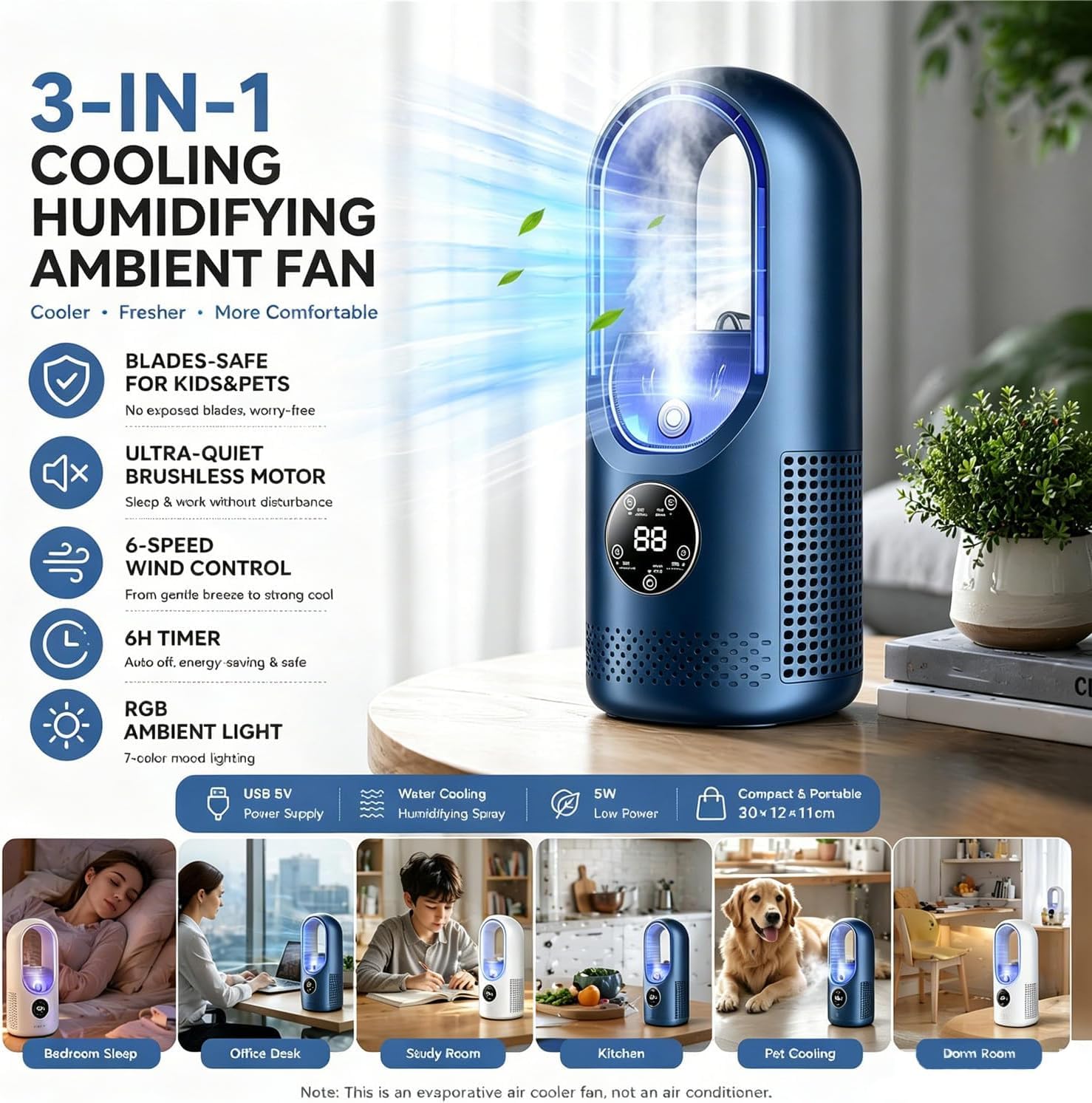 Mini condizionatore d'aria portatile con ventilatore silenzioso senza pale con 6 velocità del vento e timer da 1-6H, umidificatore, alimentato tramite USB，Bianco+blu Scuro