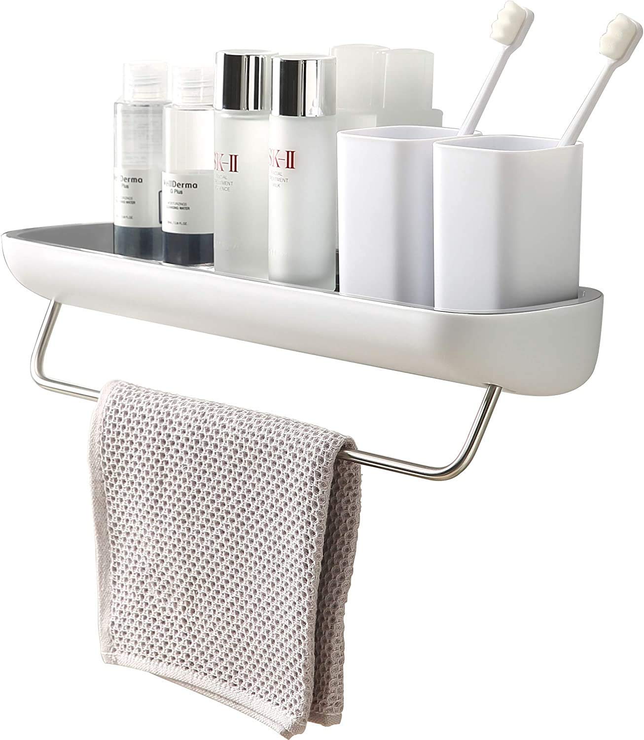 Mangukiya tac fabShower Caddy Wall Mount with Towel Bar, Adhesive Bathroom Shelf Storage Organizer No Drilling Shower Shelf Kitchen Storage Basket Rack Shelves