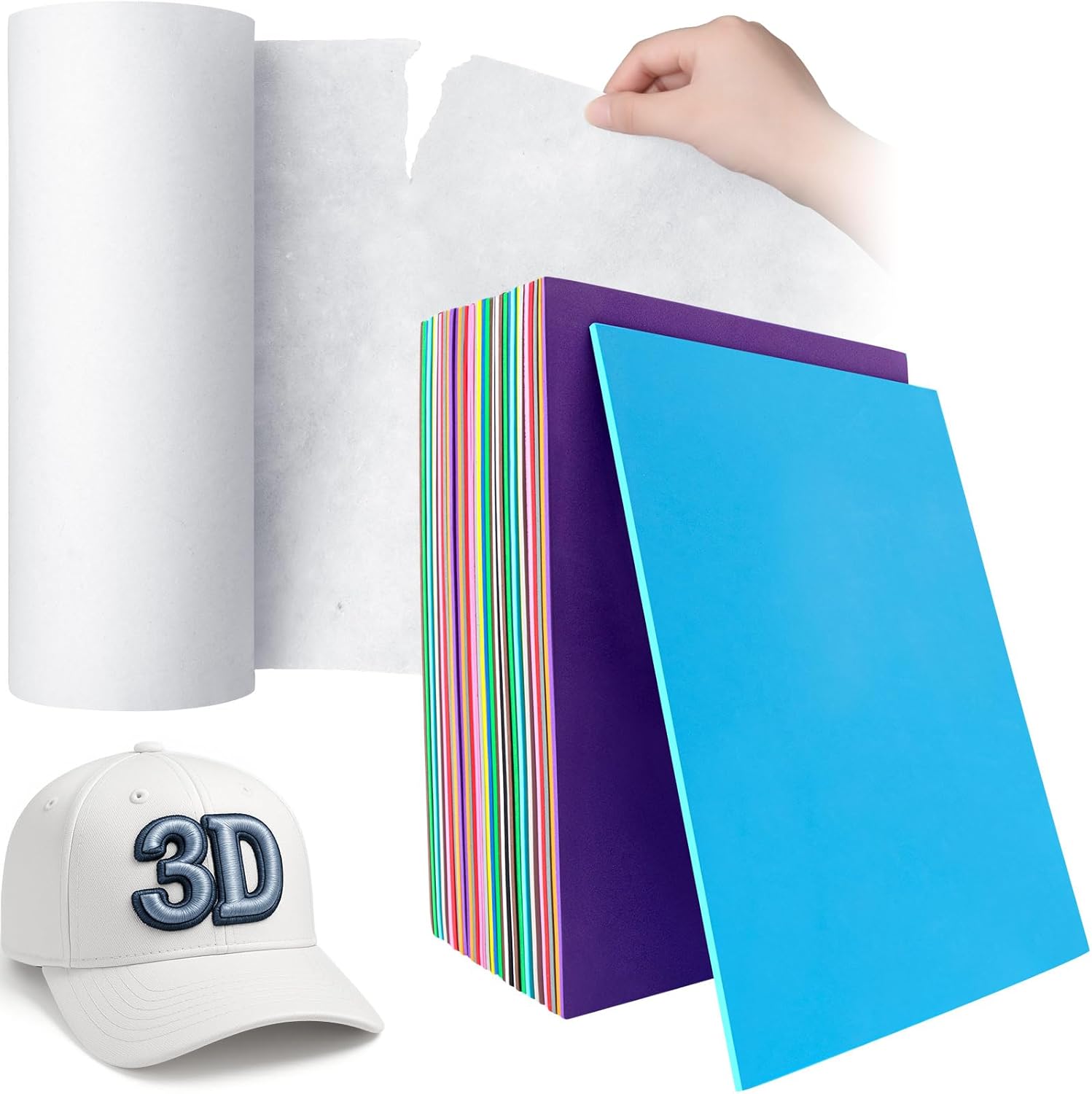 Hahafelt 30 Pcs 9″x12″ Large Embroidery Foam 3D Puffy Foam 3MM with 1 Roll 12" x 50 yd Tear Away Machine Embroidery Stabilizer Backing for Caps, Garments, Jackets, Bags, Hand Sewing