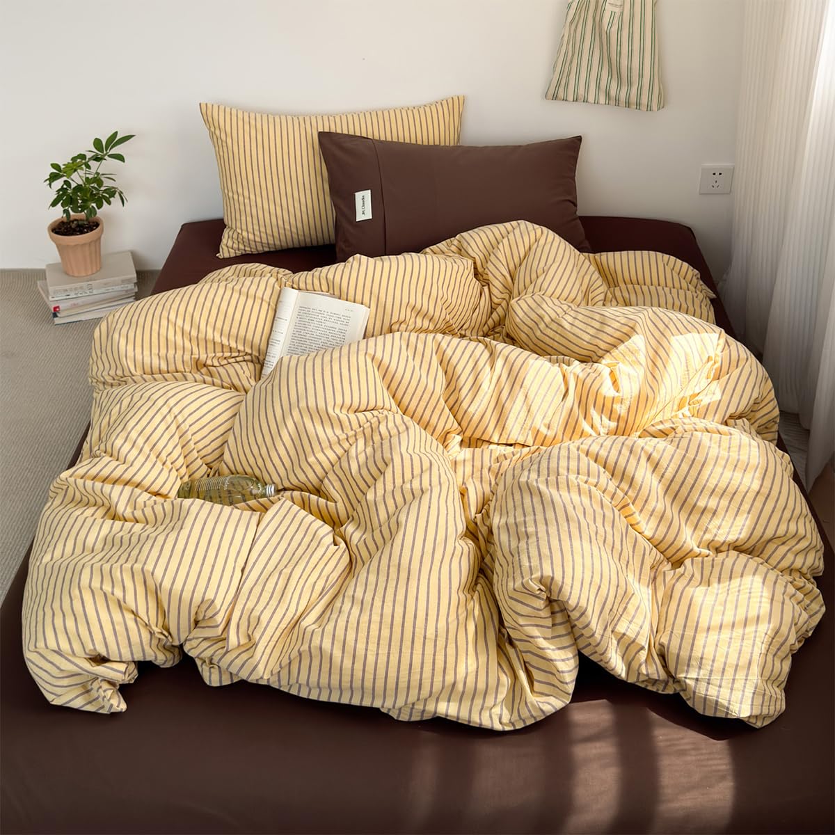Sedefen Bettwäsche 135x200cm 4teilig Braun Gelb Gestreift Bettbezug aus Microfaser Geometrisch Streifen ÖKO-TEX Bettwäsche Set 2 Bettbezug mit Reißverschluss und 2 Kissenbezug 80x80cm