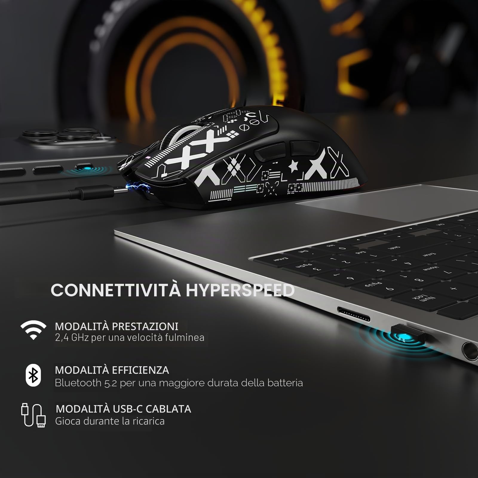 MAMBASNAKE Attack Shark X1 Mouse da Gioco 49g Leggero con Dock di Ricarica Touchpad, Sensor PAW3395 PRO 40K DPI, Mouse da Ufficio Wireless/Cablato BT/2.4G con Grip Tape per PC/Mac/Win11/PS - Nero