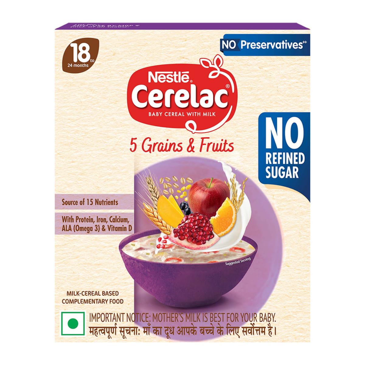CERELAC Baby Food Cereal | No Refined Sugar | 5 Grains & Fruits for 18 to 24 Months Baby | Omega 3 Iron Protein Calcium Vitamin D for Babies | Instant Baby Food Cereal | 300g