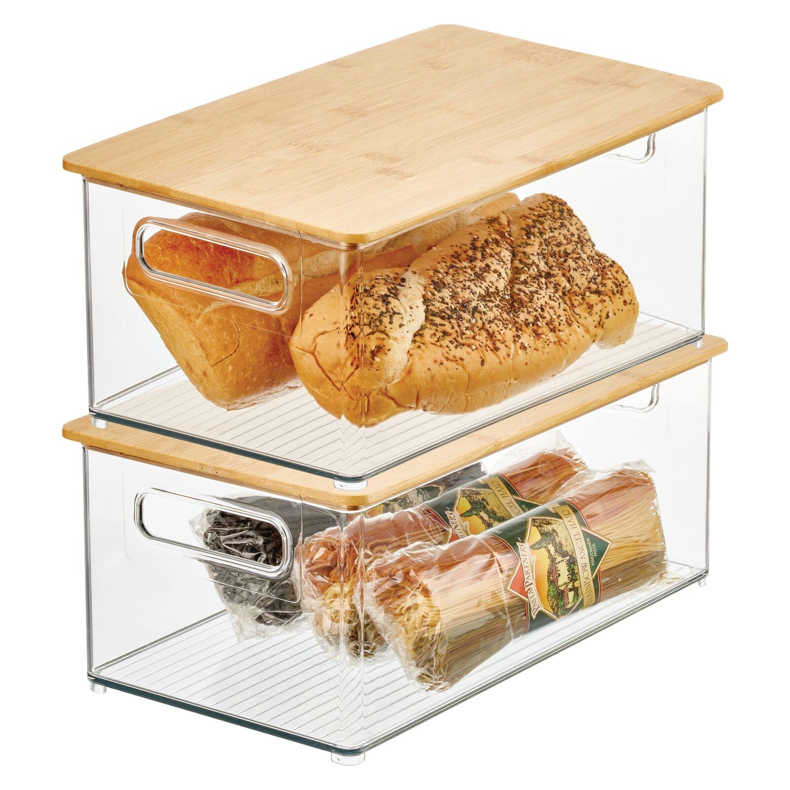 Photo 1 of mDesign Plastic Stackable Storage Organizer Container Bin with Handles, Bamboo Wood Lid; for Kitchen, Pantry, Cabinet Organization; Holds Packaged Food, Snacks; Ligne Collection, 2 Pack, Clear/Natural 2 8 x 14.5 x 6