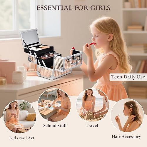 Miniatura 8 de FRENESSA Estuche de maquillaje para cosméticos, caja de maquillaje portátil, 2 bandejas con espejo, estuche organizador de maquillaje para niñas,