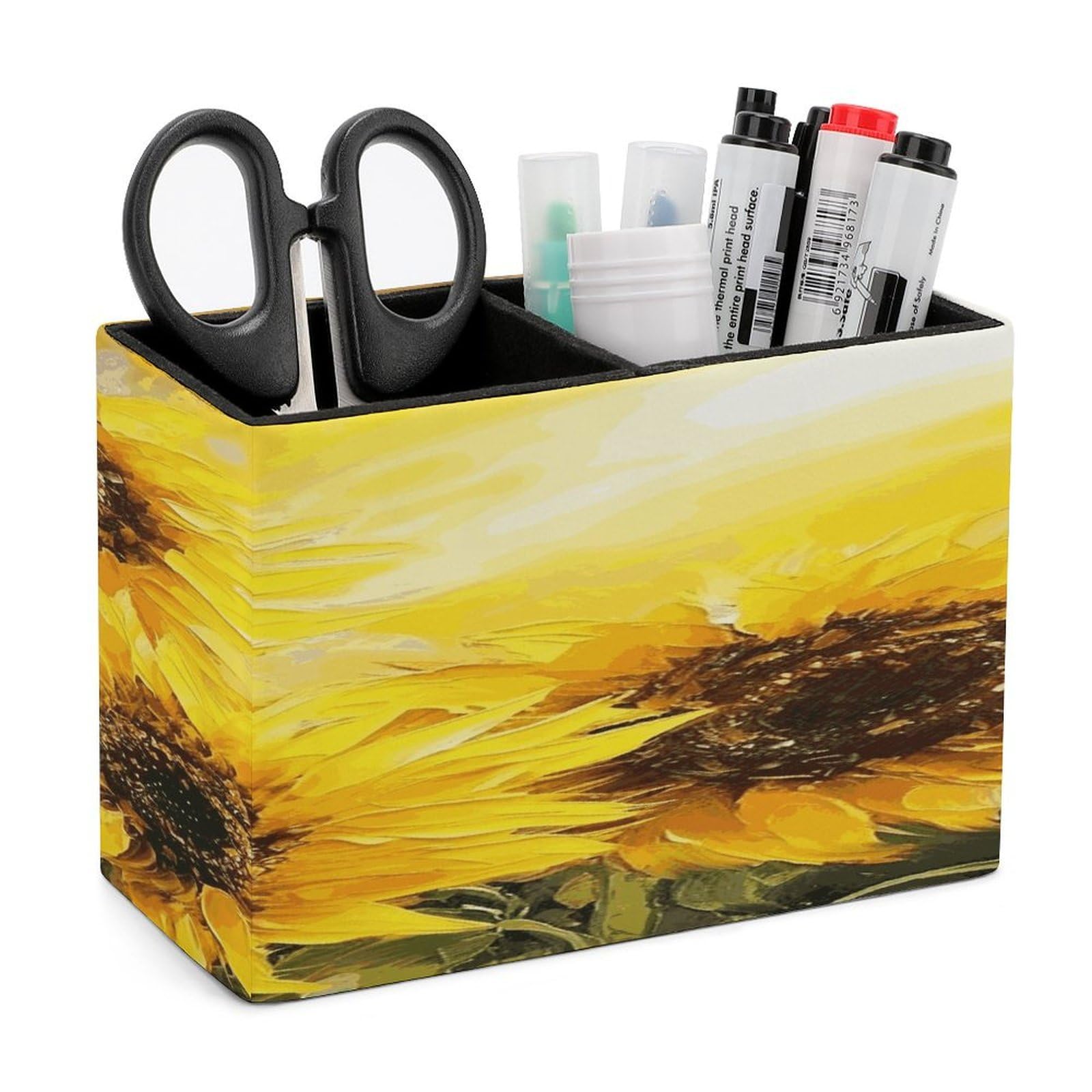 FekiLoot Yellow Sunflowers Pen Holders for Desk Small Remote Control Holder Leather Pencil Cup with Double Compartments Desktop Organizer for Table Desk Office Space Saving